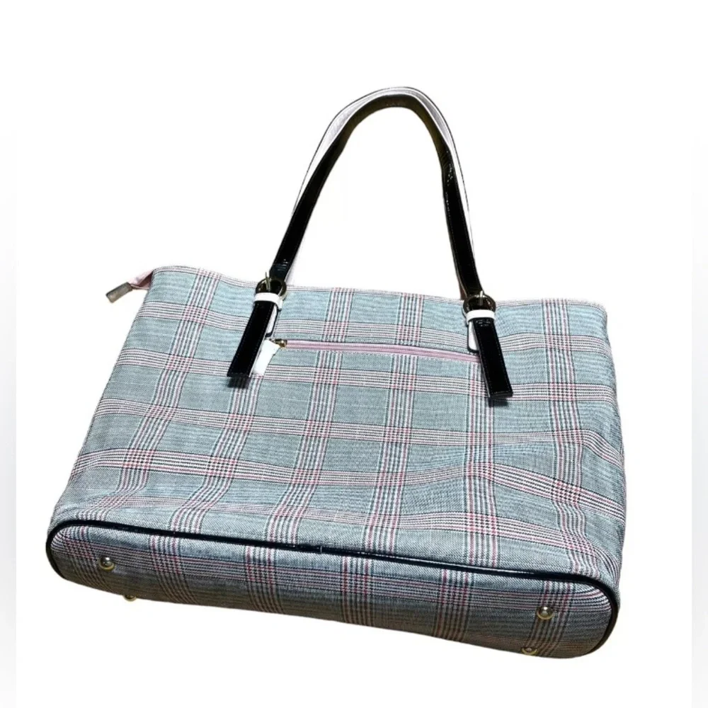 Plaid Tote Laptop Bag with Pale Pink Bow Accent